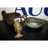 Antique bronze oil lamp, heavily decorated bronze cup (A/F), and a match holder in the shape of an