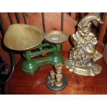 Viking cast iron kitchen scales and set of brass bell weights, brass Punch doorstop