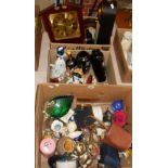 Three boxes of assorted ornaments, vase, clocks, cameras, etc.