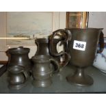 Victorian pewter measures & trophy (some stamped James Yates)