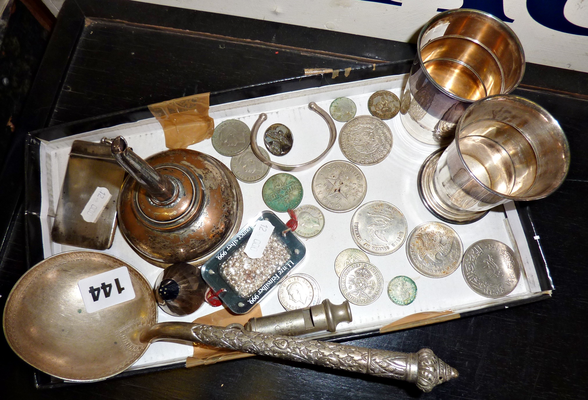 Various coins, some silver pieces (1oz), silver-plated wine funnel & collapsible tumblers, and a