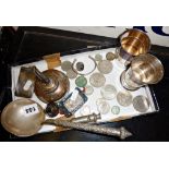 Various coins, some silver pieces (1oz), silver-plated wine funnel & collapsible tumblers, and a