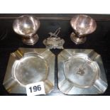 Two silver salts, two silver ashtrays and a silver "Brandy" spirit label, all hallmarked, approx 5