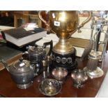Large silver plate trophy and a silver plate teaset etc