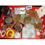 Assorted coins, enamel badges inc. Butlins etc.