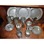 18th c. pewter plate by Fasson of London, three other pewter plates, 7 pewter tankards and 2 chamber