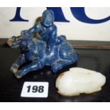 Chinese carvings, a Lapis Lazuli boy and buffalo (A/F), and a pale jade rabbit