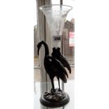 Art Nouveau painted metal and glass epergne in the form of a stork with single etched glass trumpet