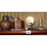 Assorted metalware, copper tea caddy, miniature brass tilt-top table etc.