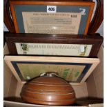 Various framed Railway Company notices and a warming pan