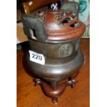 19th c. Chinese bronze "calligraphy" censer with pierced and carved hardwood lid and shaped stand