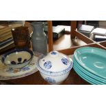 Chinese carved bamboo brush pot (A/F), and a set of six turquoise 1950s Fiesta Ware oval plates,