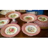 Victorian china dessert service of five tazzas and ten plates with pink border and hand-painted