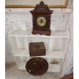 Three-tier wall shelf, a small German wood-cased mantle clock, a carved wood box & similar fruit