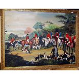 Large naive oil on canvas of a hunt meeting, signed G. Burgess