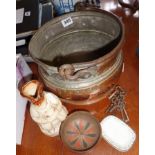 Large copper cooking pot with Stoneware toby jug, old keys etc.