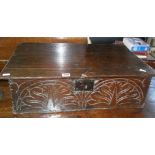 18th c. oak bible box with carving to front