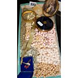 Tray of assorted costume jewellery, compacts etc