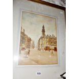 Early 20th c. watercolour of a Glasgow town scene with figures, cars and tram, signed J. Paterson