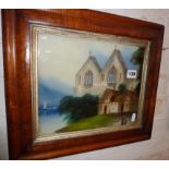 Victorian painting behind glass of an Abbey, in maple frame