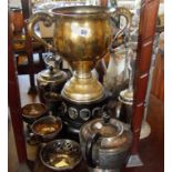 Large silver plate trophy and a silver plate teaset etc