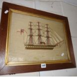 19th c. Sailor's woolwork picture of a British Navy steam/sail frigate