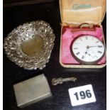 Silver pocket watch, a pierced silver dish, silver matchbox case etc