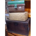 Old oak box, a small tin trunk and a small Moses basket