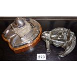 Equestrian related:- Daniel & Arter horseshoe-shaped silver plated inkstand with Jockey Cap