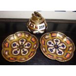 Royal Crown Derby old Imari pattern table lighter and two matching ashtrays or dishes