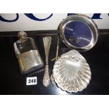 Hallmarked silver flask, silver shell shaped dish, silver photo frame and silver handled shoe horn