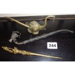 Tribal Art: Ornate bronze figural Dogon hairpin and two wirework pipes, one in the shape of an