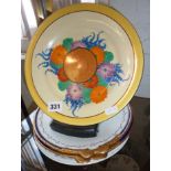 Clarice Cliff Art Deco Gayday pattern plate, with two Adderleys china plates, and two Wedgwood