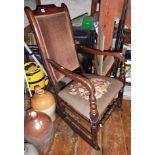 Upholstered oak rocking chair with tapestry seat