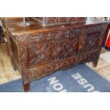 Large 18th c. carved oak coffer with good patination and original lock, approx. 49" x 21" x 28"