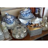 Victorian flo-blue tureens & plates etc, a silver plate egg cup stand, cruet set etc