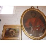 Large 19th c. oval pastel portrait of an Indian Army officer, and a small 19th c. oil on canvas of a