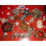 Assorted vintage and Modernist costume jewellery brooches etc, also including a Victorian shell