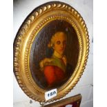 Small early 19th c. oil portrait on board of a young Army Officer, in oval gilt frame