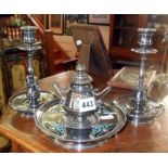 Victorian Neo-Classical silver plate and champleve enamel inkstand with matching candlesticks