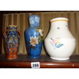 Three vases, Poole Pottery, Watcombe Torquay (A/F) and a Gouda marbled vase