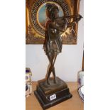 Art Deco bronze figure of a lady in a feathered hat playing a mandolin after Paul Phillips 1930