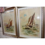 Pair of large Victorian watercolours of Cornish sail fishing boats in rough seas, signed & dated