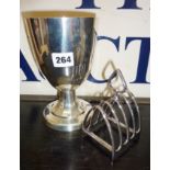 Large silver-plated Links of London trophy (blank) and a Mappin & Webb toast rack with military