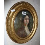 19th c. oval portrait of a foreign lady, in giltwood frame