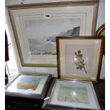 Watercolour of a coastline by Patricia Lindley, two other pictures and a silk embroidered rose