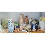 Shelf of assorted china & pottery including vases & figurines etc