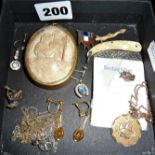 Assorted silver jewellery, unmarked earrings (possibly gold), Meerschaum religious plaque, a