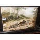 Hand painted porcelain plaque depicting horse drawn timber cart