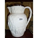 1848 Minton Two Drivers stoneware jug with relief moulding, designed by Henry James Townsend, and